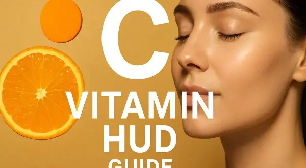 En närbild på en kvinna med slutna ögon bredvid en apelsinskiva och texten "C VITAMIN HUD GUIDE".