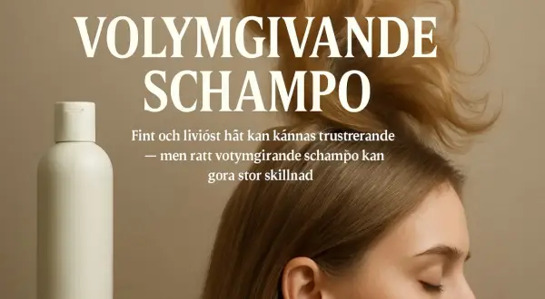 Volymgivande schampo med naturliga ingredienser för fint och livlöst hår. En flaska schampo och en kvinna med voluminöst hår.