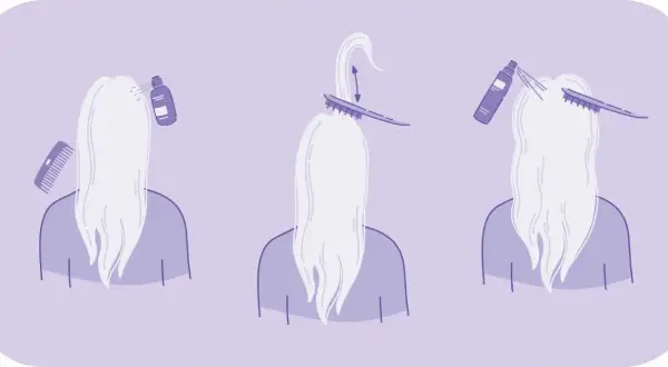 Steg för steg: spraya, tupera håret med en borste och spraya igen för volym.