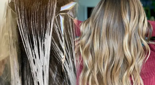 Split image showing hair being highlighted on the left and finished balayage highlights on the right.
