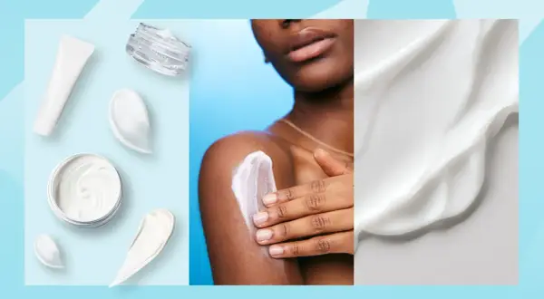 Krämer och lotions, inklusive karbamid för ansiktet, visas i olika behållare och appliceras på huden.