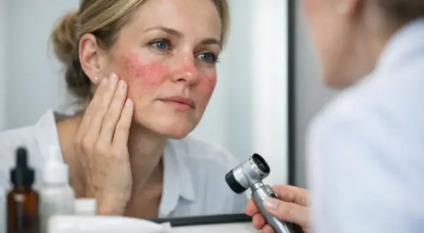 Kvinna med rodnad i ansiktet undersöker sin hud, redo för rosacea behandling.
