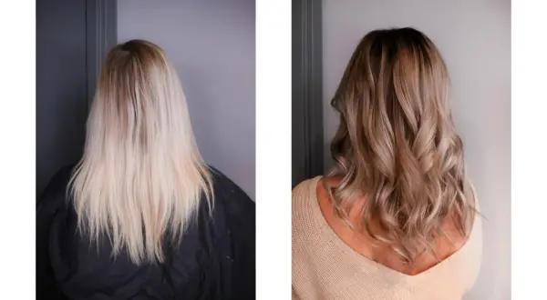 Före och efter: blont hår med bruna slingor hemma. Vackert, naturligt resultat med djup och glans.