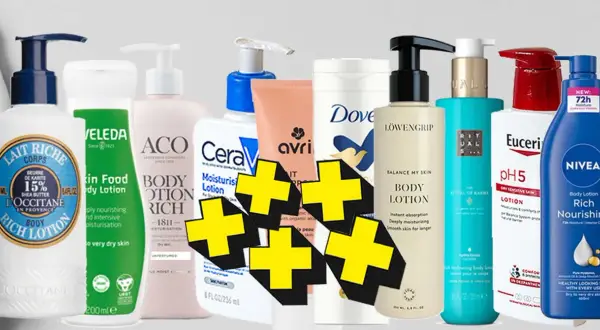 En rad med olika body lotions, inklusive L'Occitane, Weleda, ACO, CeraVe, Dove, Löwengrip, Rituals, Eucerin och Nivea. Perfekt för att hitta din nya favorit body lotion.