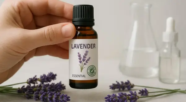 En hand håller en flaska lavendelolja, perfekt för ansiktet. Lavendelblommor ligger runt flaskan.