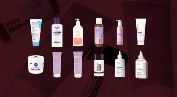 Samling av hudvårdsprodukter för keratosis pilaris behandling, inklusive krämer, lotions och exfolierande stift.