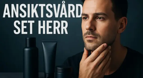 Ansiktsvård för män. En man med fet hy rör vid sitt skägg. Bredvid honom står tre svarta flaskor med hudvårdsprodukter.
