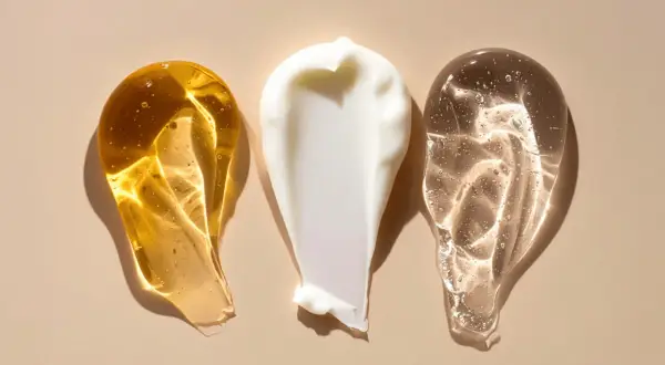 Tre olika krämsprut på en beige bakgrund. En gyllene, en vit och en genomskinlig. Kanske en blandning av retinol och c-vitamin för huden.