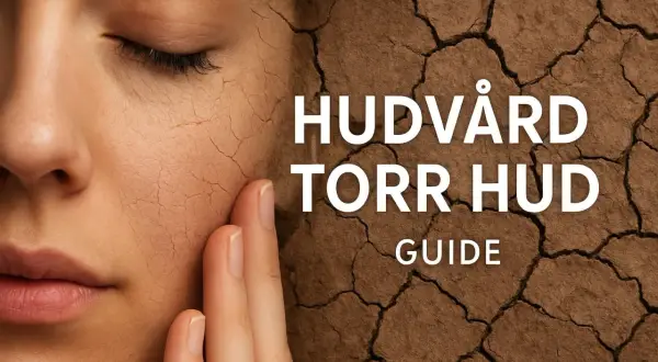 En närbild av ett ansikte med torr, sprucken hud som liknar uttorkad jord. Texten "HUDVÅRD TORR HUD GUIDE" syns.