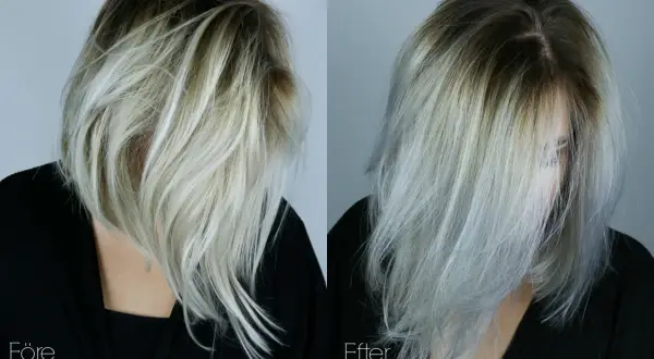 Före och efterbilder visar en mellanblond toning på blekt hår. Håret har fått en kallare, silveraktig ton.