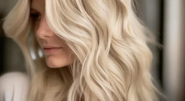 En kvinna med vackert blonderat hår som faller i mjuka vågor. Håret är ljust och glansigt.