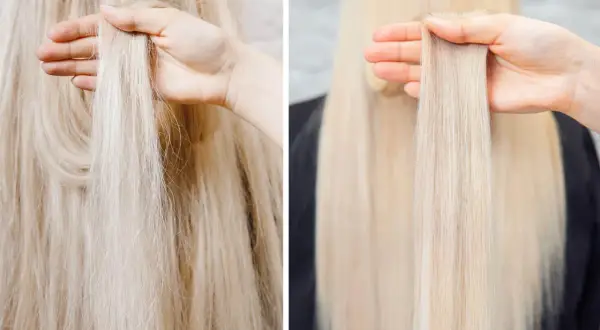 Före och efterbild på blont hår. Vänster: torrt och frissigt. Höger: slätt och glansigt efter behandling med kreatin för hår.