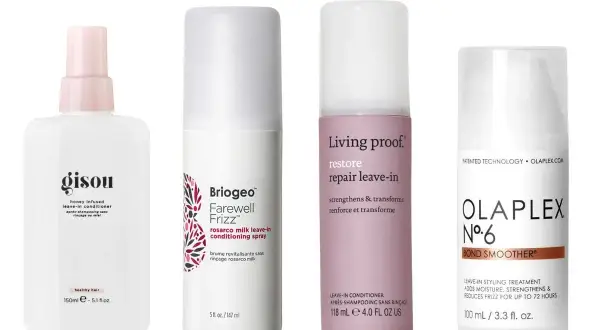 Fyra leave-in-produkter för håret: Gisou, Briogeo, Living Proof och Olaplex. Perfekta för att bekämpa torra toppar och ge glans.