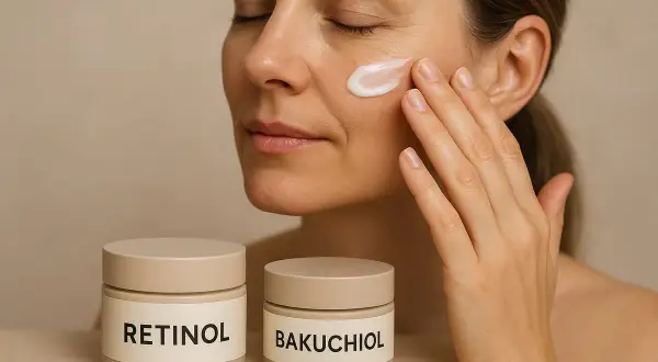 Kvinna applicerar kräm på kinden. Två burkar syns framför, märkta "Retinol" och "Bakuchiol", som en del av en effektiv retinol hudvård.