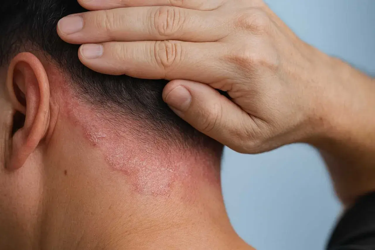 Nära bild på en persons nacke med rodnad och flagnande hud, troligen eksem eller psoriasis. En hand vilar mot huvudet.