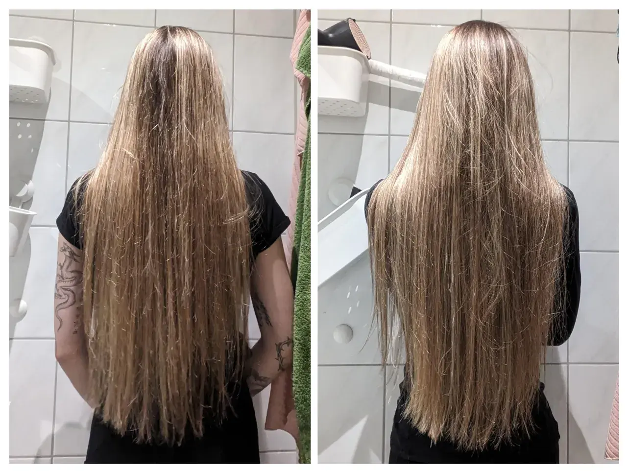 Före och efter hårinpackning med olja. Långt, blont hår som ser friskare och glansigare ut efter behandlingen.