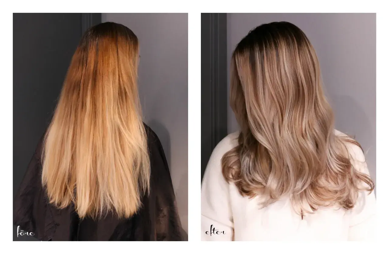 Före: orange hår. Efter: extra ljus askblond med mjuk ombre.