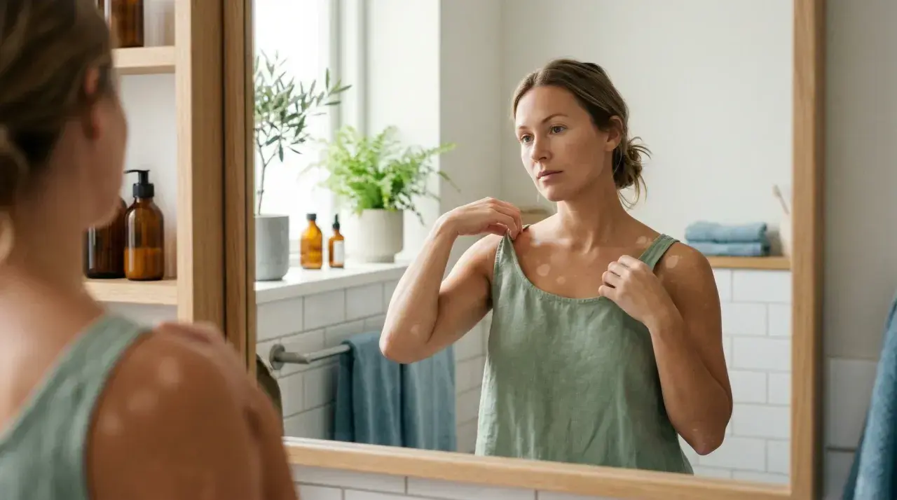 Kvinna med vitiligo, som ser sig i spegeln. Hennes hud har fläckar som liknar svamp på rumpan.