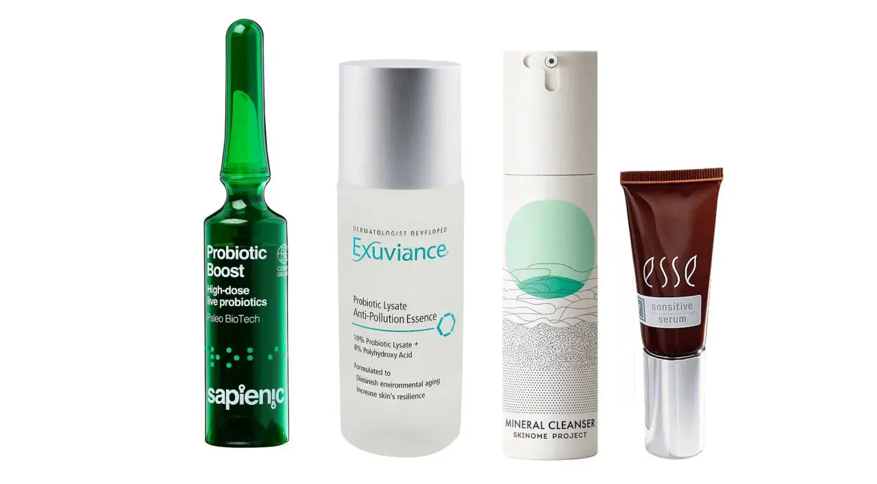Probiotika hudvård: en grön ampull, en flaska med Exuviance Probiotic Lysate, en flaska med SKINOME PROJECT Mineral Cleanser och en brun tub med Esse Sensitive Serum.