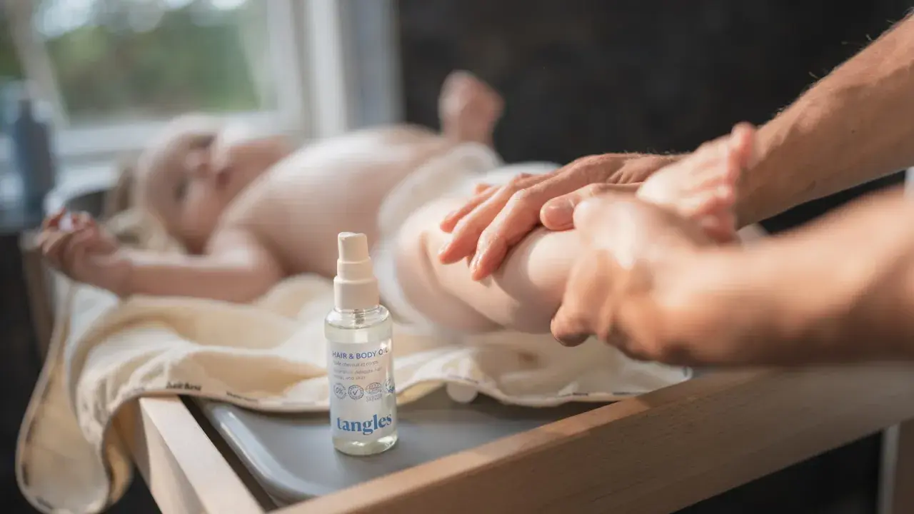 En bebis får massage med babyolja i håret och på kroppen. En flaska med Tangles babyolja står bredvid.