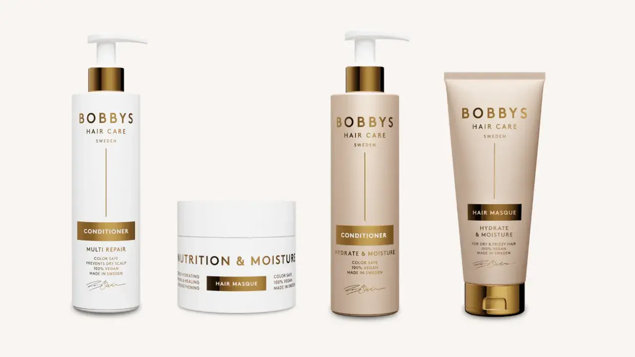 En samling av Bobby's Hair Care-produkter, inklusive en bra hårinpackning, för att ge näring och fukt till håret.
