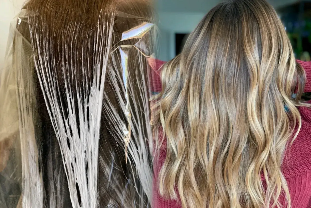 Split image showing hair being highlighted on the left and finished balayage highlights on the right.
