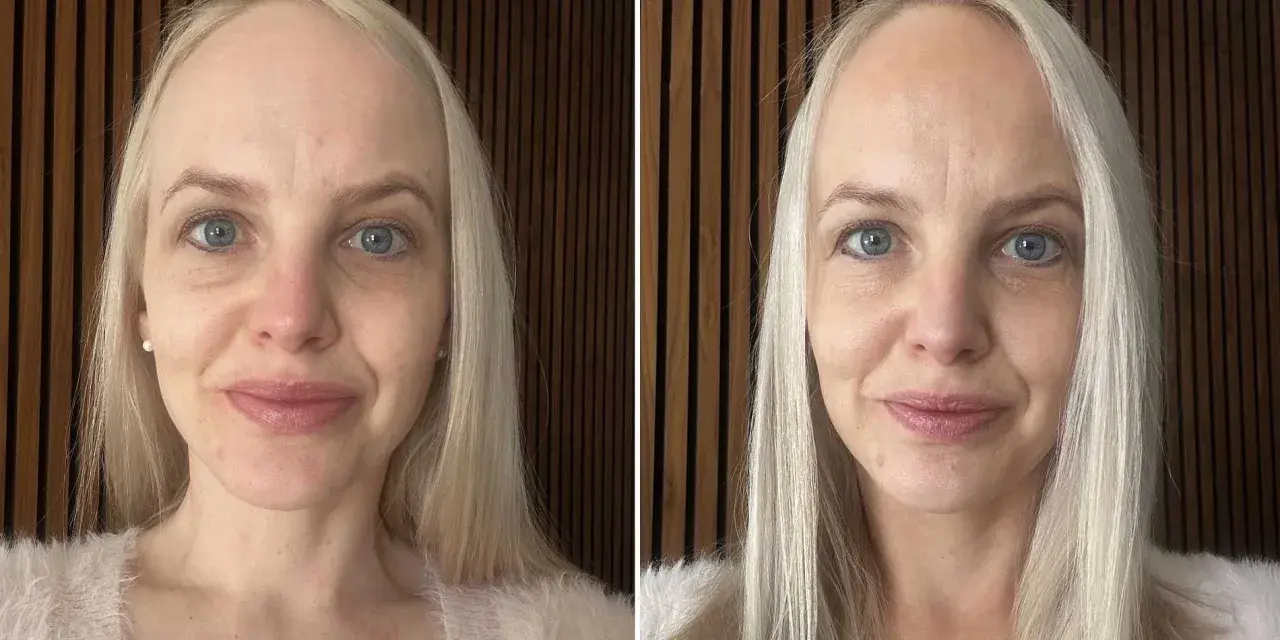 Före och efter-bilder visar hur en kvinna lyckas applicera brun utan sol i ansiktet för en jämnare hudton.