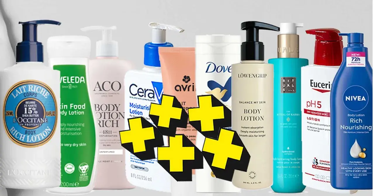 En rad med olika body lotions, inklusive L'Occitane, Weleda, ACO, CeraVe, Dove, Löwengrip, Rituals, Eucerin och Nivea. Perfekt för att hitta din nya favorit body lotion.