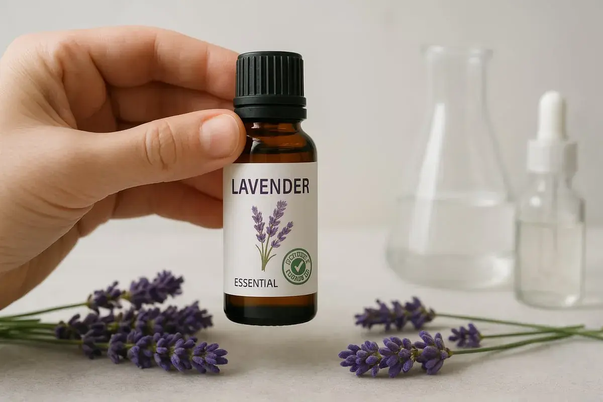 En hand håller en flaska lavendelolja, perfekt för ansiktet. Lavendelblommor ligger runt flaskan.