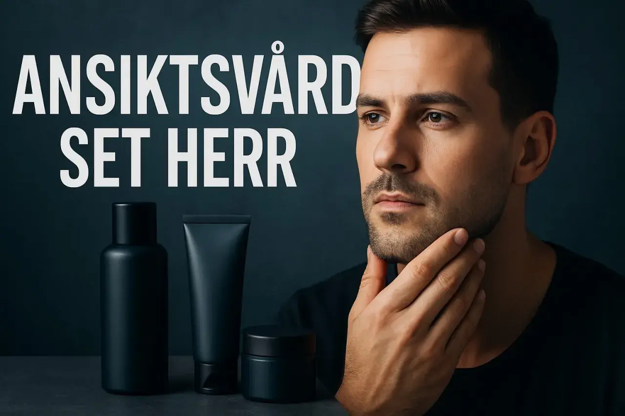 Ansiktsvård för män. En man med fet hy rör vid sitt skägg. Bredvid honom står tre svarta flaskor med hudvårdsprodukter.