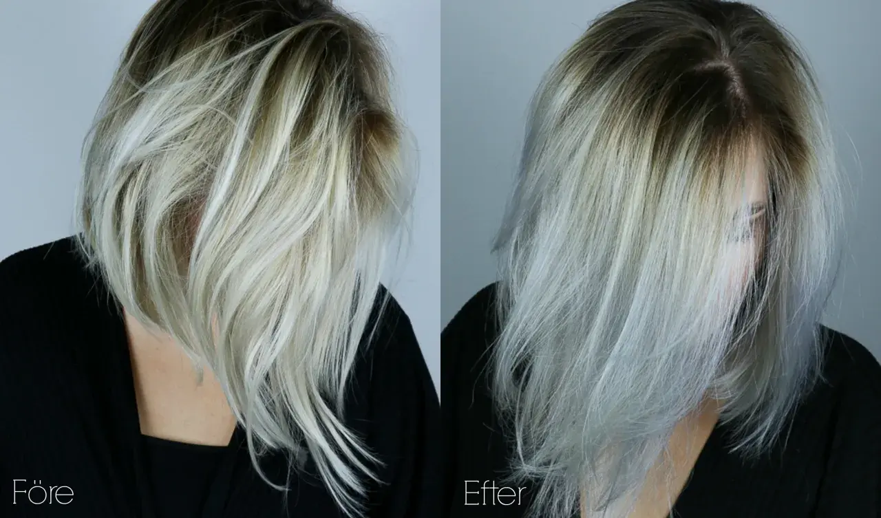 Före och efterbilder visar en mellanblond toning på blekt hår. Håret har fått en kallare, silveraktig ton.