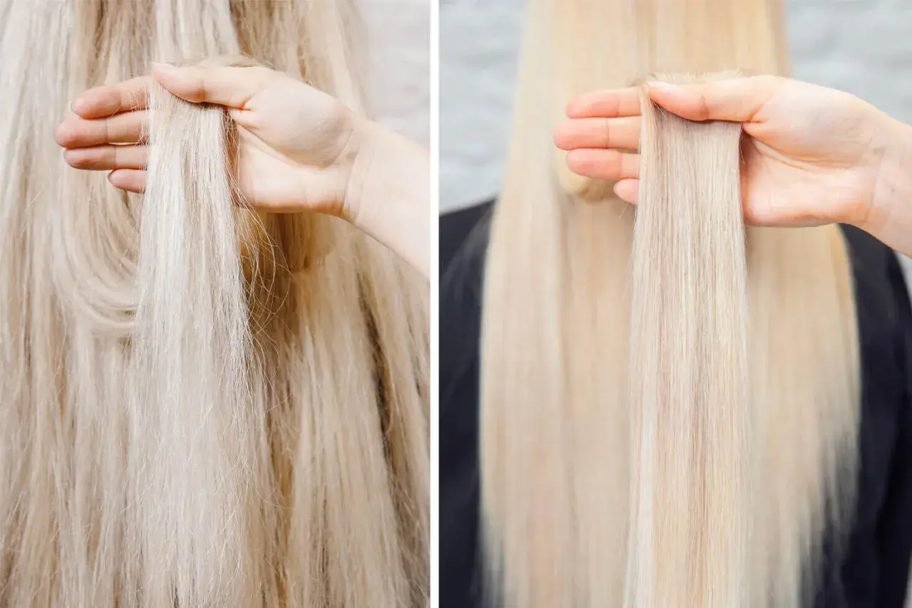 Före och efterbild på blont hår. Vänster: torrt och frissigt. Höger: slätt och glansigt efter behandling med kreatin för hår.