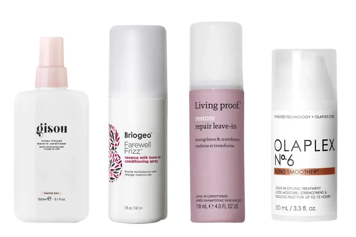 Fyra leave-in-produkter för håret: Gisou, Briogeo, Living Proof och Olaplex. Perfekta för att bekämpa torra toppar och ge glans.