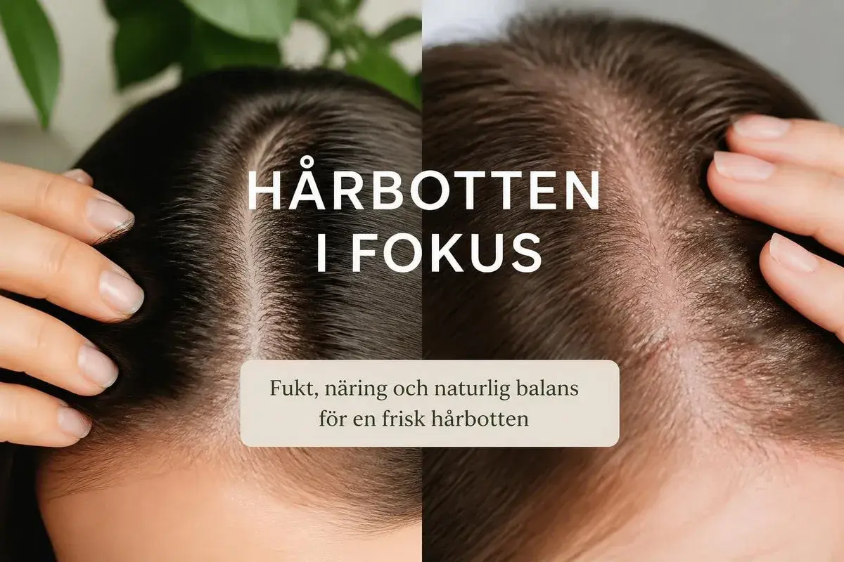 Nära bild på hårbotten, en med mörkt hår och en med ljusare. Texten "Hårbotten i fokus" och "Fukt, näring och naturlig balans för en frisk hårbotten". Kan hjälpa mot utslag i hårbotten.