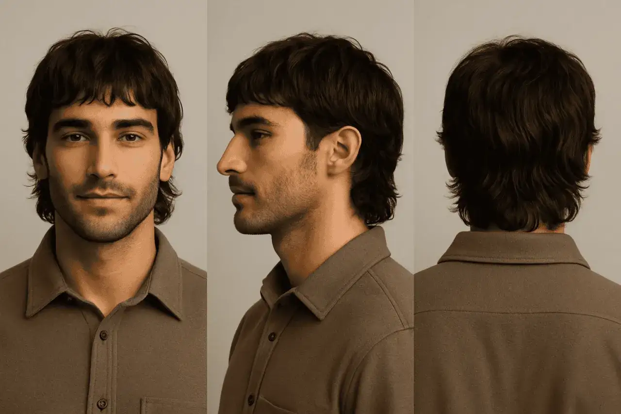 Trefaldig bild av en man med modern mullet. H&aring;ret &auml;r m&ouml;rkt och lite rufsigt, med lugg som faller &ouml;ver pannan.