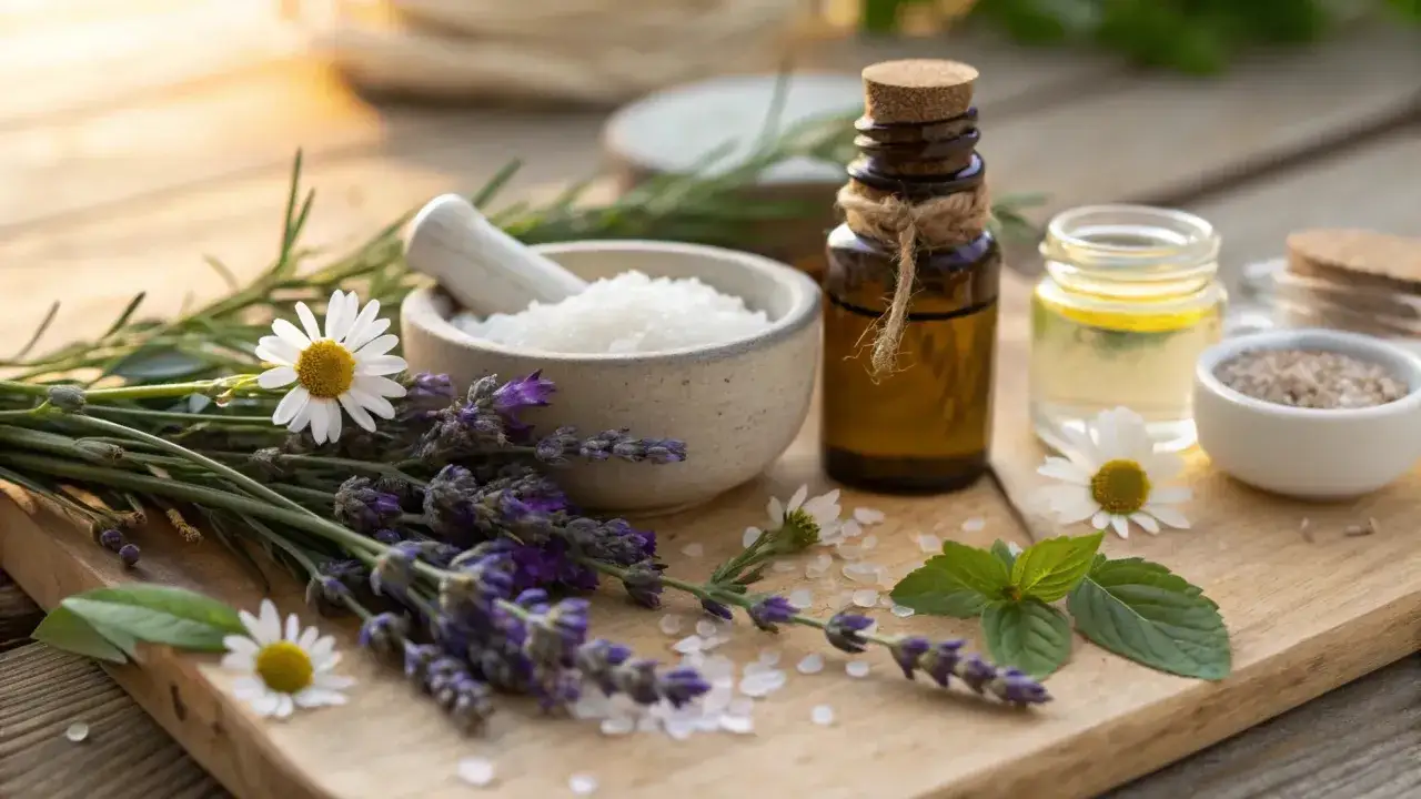 En flaska med lavendelolja f&ouml;r ansiktet, bredvid lavendelblommor, kamomill och &ouml;rter. En mortel med salt och sm&aring; sk&aring;lar med salt.