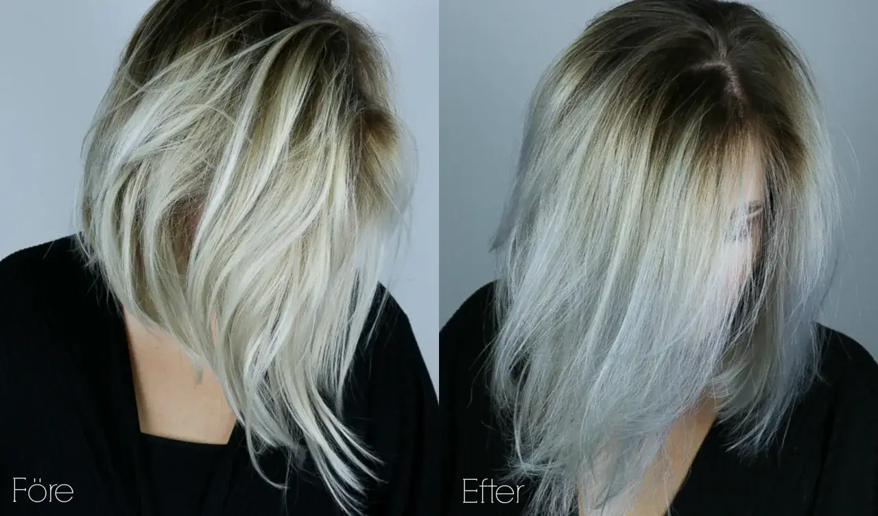 F&ouml;re och efterbilder visar en mellanblond toning p&aring; blekt h&aring;r. H&aring;ret har f&aring;tt en kallare, silveraktig ton.