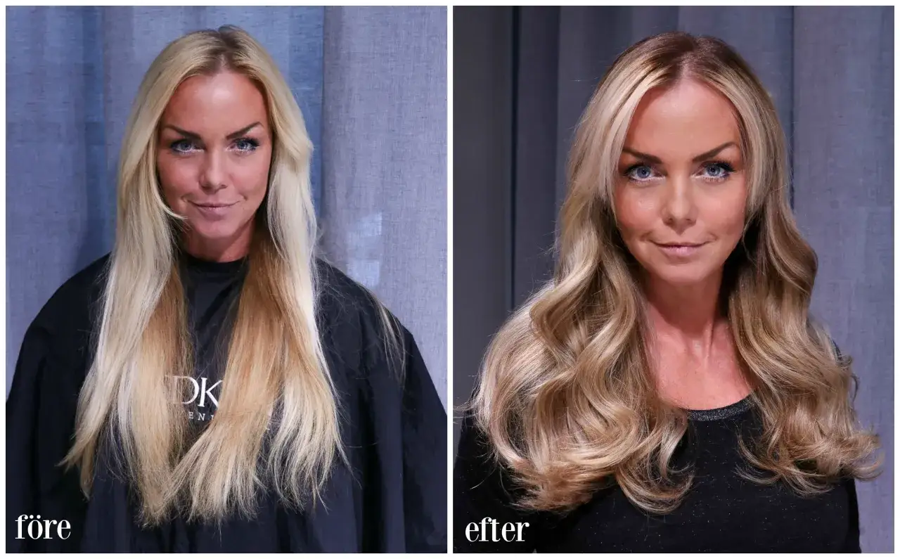F&ouml;re och efterbild p&aring; en kvinna med blont h&aring;r. H&aring;ret har f&aring;tt en varmare ton och volym efter blekning hemma.