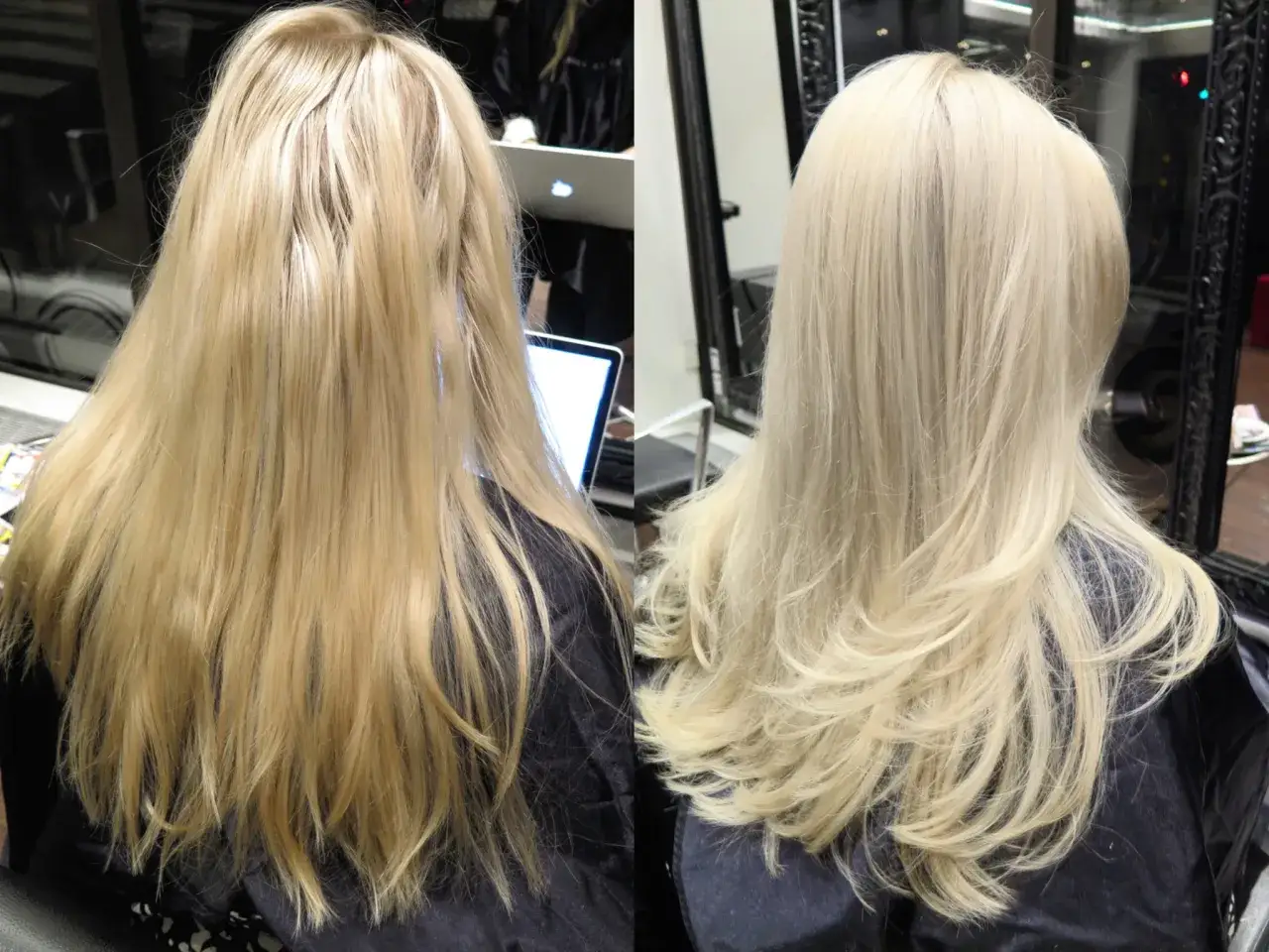 F&ouml;re och efter bild p&aring; blont h&aring;r. Fr&aring;gan 