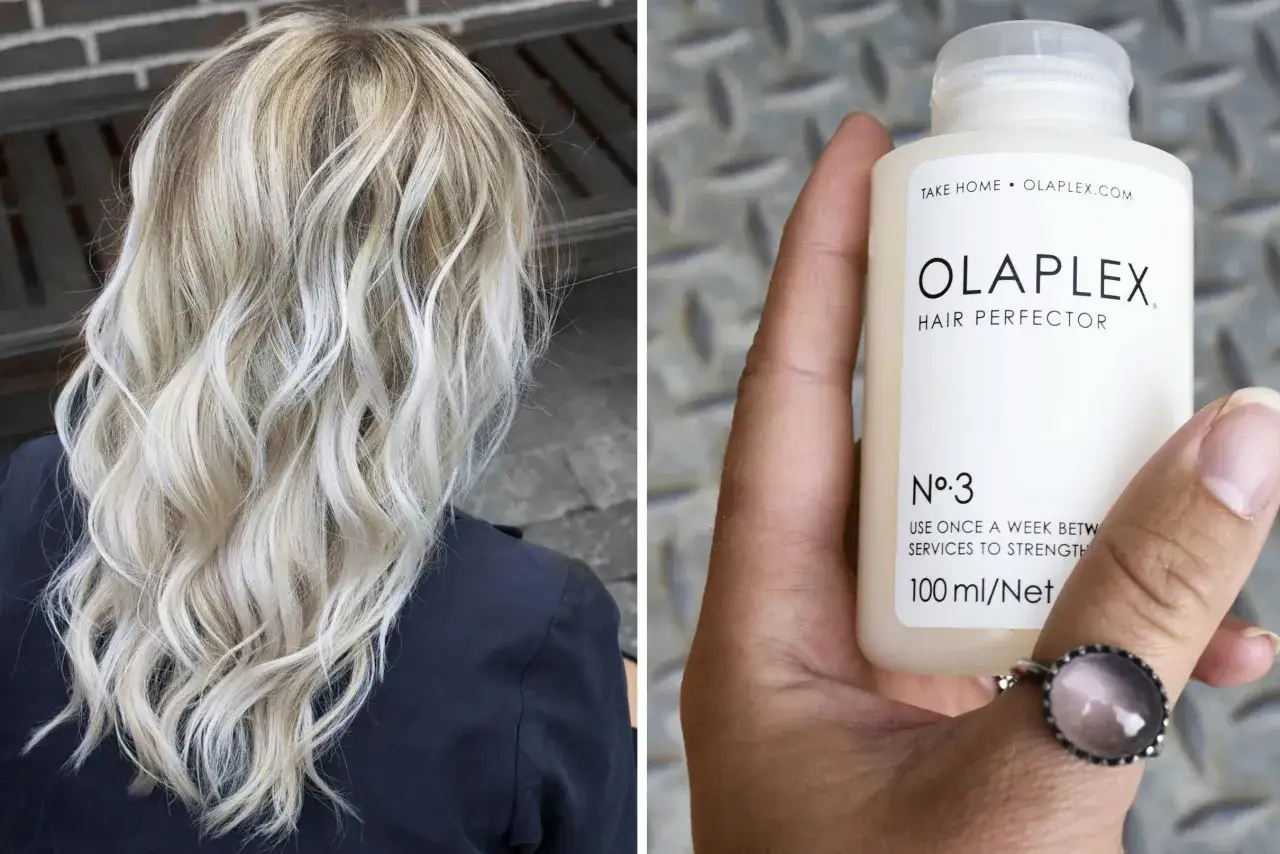 Vackert blont h&aring;r som stylats med v&aring;gor. En hand h&aring;ller en flaska Olaplex No. 3 Hair Perfector.