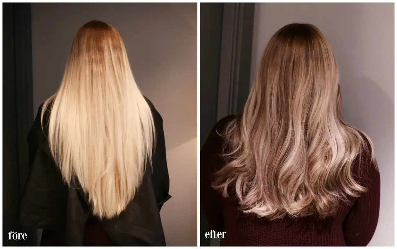 F&ouml;re och efterbilder p&aring; en person med l&aring;ngt, blont h&aring;r. H&aring;ret har f&aring;tt en varmare, mer naturlig ton.