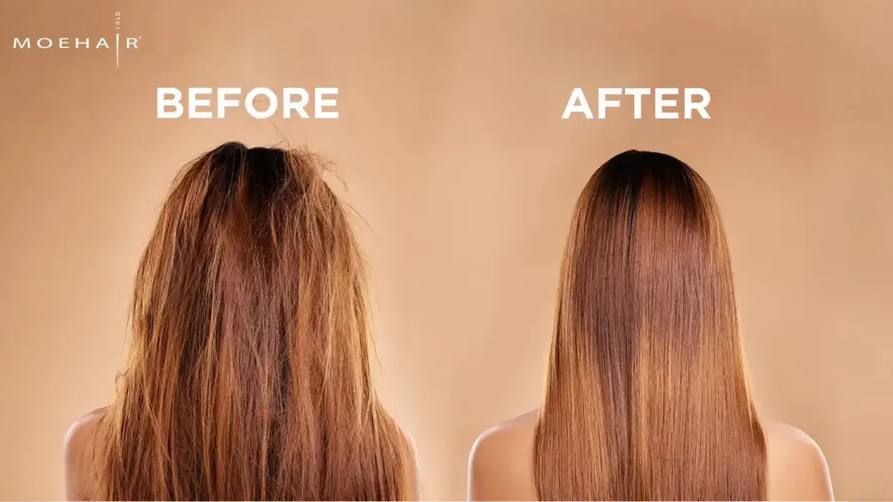 F&ouml;re och efterbild p&aring; h&aring;rbehandling. Fr&aring;n torrt och frissigt till sl&auml;tt och glansigt h&aring;r efter hair botox.