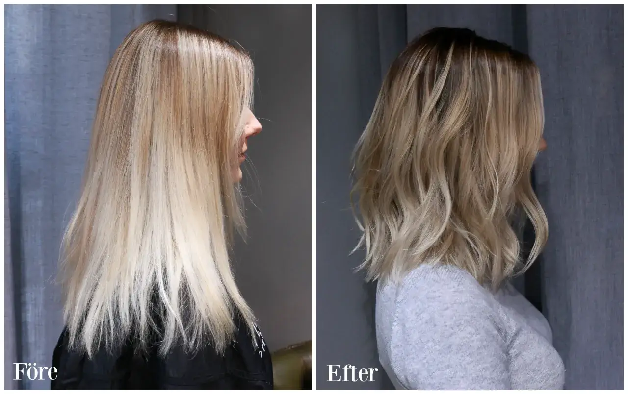 F&ouml;re: rakt, blekt h&aring;r. Efter: en mellanblond toning p&aring; blekt h&aring;r ger en mjukare, v&aring;gig look.