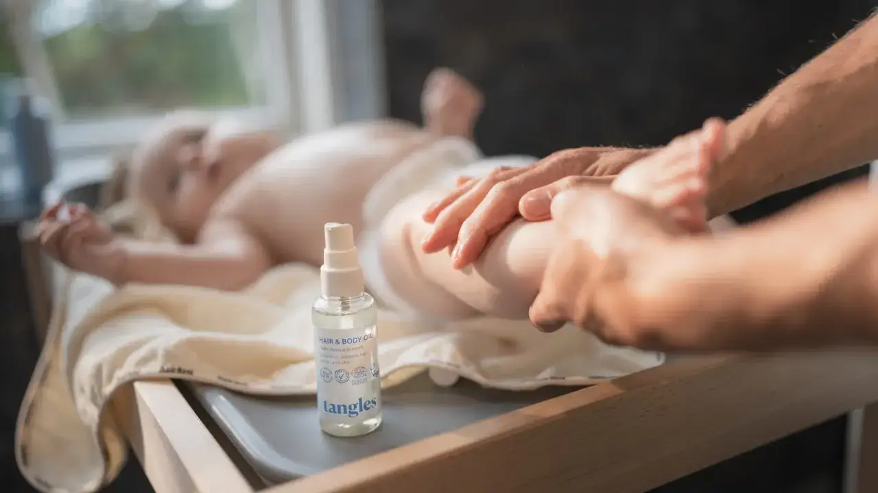 En bebis f&aring;r massage med babyolja i h&aring;ret och p&aring; kroppen. En flaska med Tangles babyolja st&aring;r bredvid.