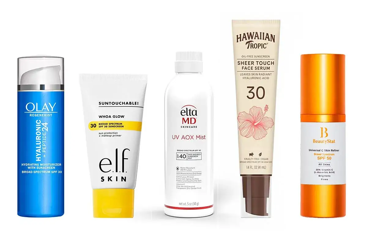 Fem solskyddsprodukter f&ouml;r ansiktet: Olay, e.l.f. Skin, EltaMD, Hawaiian Tropic och BeautyStat. Vad betyder facial? Dessa produkter &auml;r f&ouml;r ansiktet.