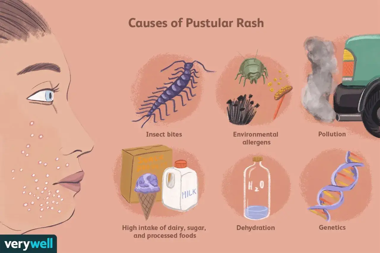 Illustration visar orsaker till plitor i ansiktet, inklusive insektsbett, allergener, f&ouml;roreningar, kost, uttorkning och genetik.