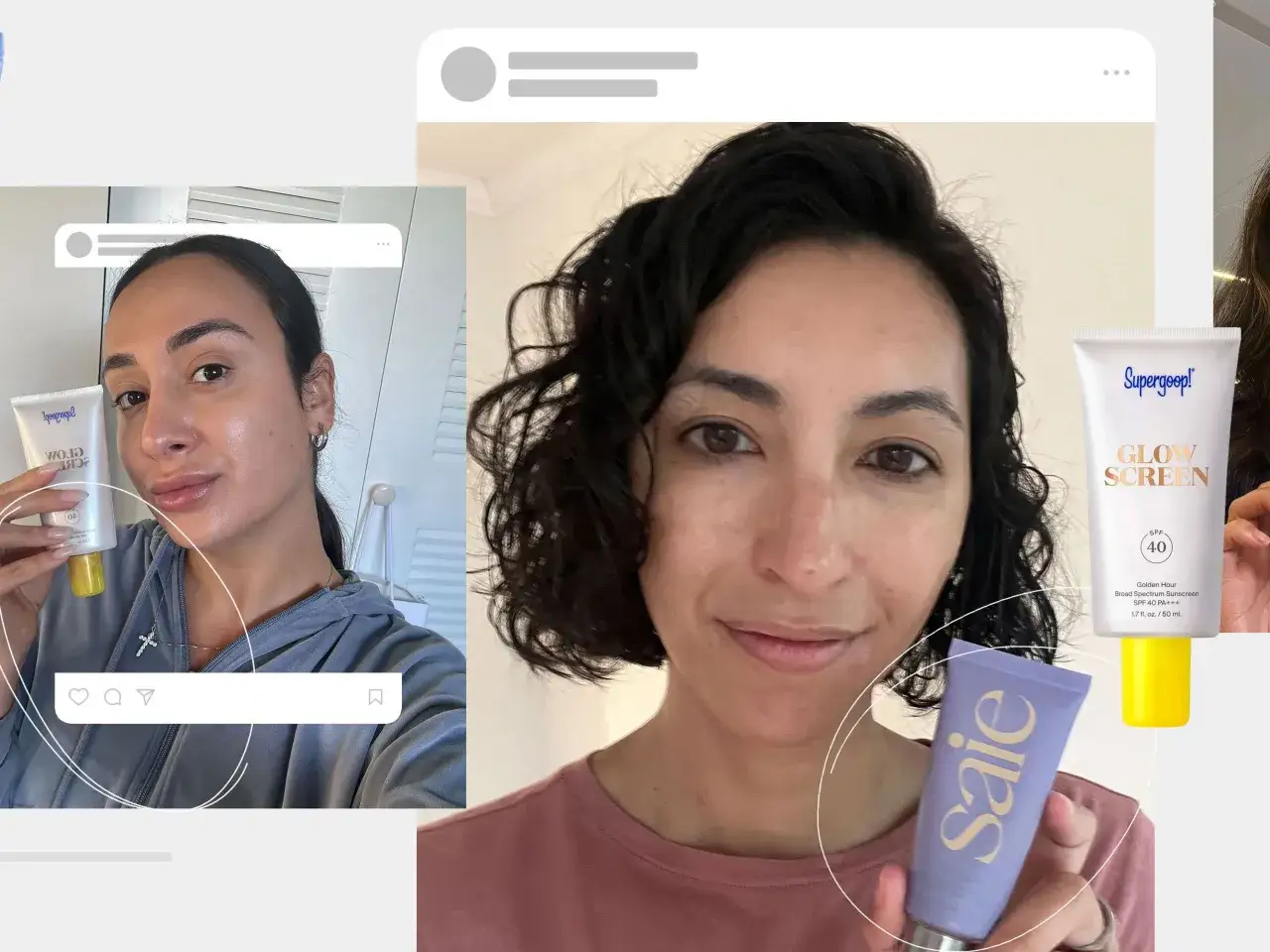 Kvinnor visar upp solskyddsprodukter, en med Supergoop! Glow Screen, en annan med Saie. Perfekt f&ouml;r din dagliga hudv&aring;rd med antioxidanter.