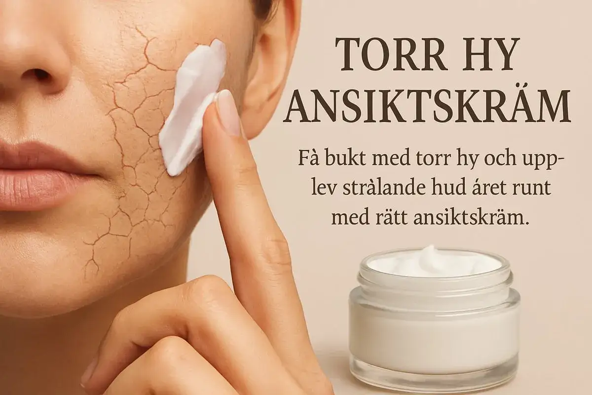 En hand applicerar kr&auml;m p&aring; ett ansikte med torr hud som flagnar. Texten lyder 