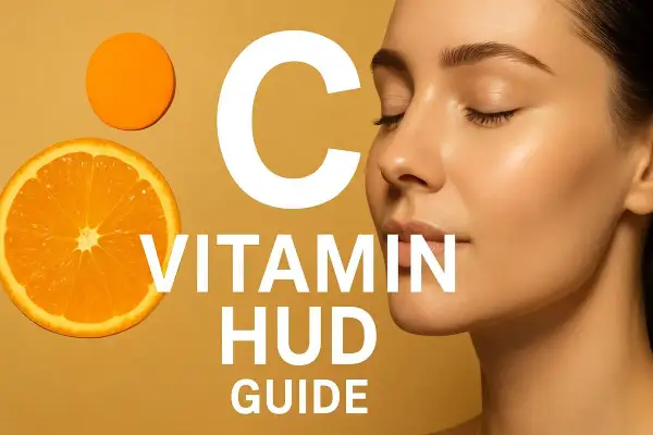 En närbild på en kvinna med slutna ögon bredvid en apelsinskiva och texten "C VITAMIN HUD GUIDE".
