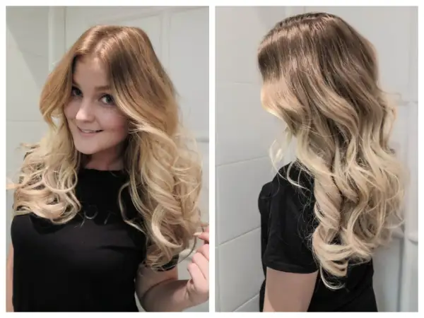Här är en tjej med vackra, blonda lockar. Hon visar hur man får lockar att hålla, med en fin glans och volym.